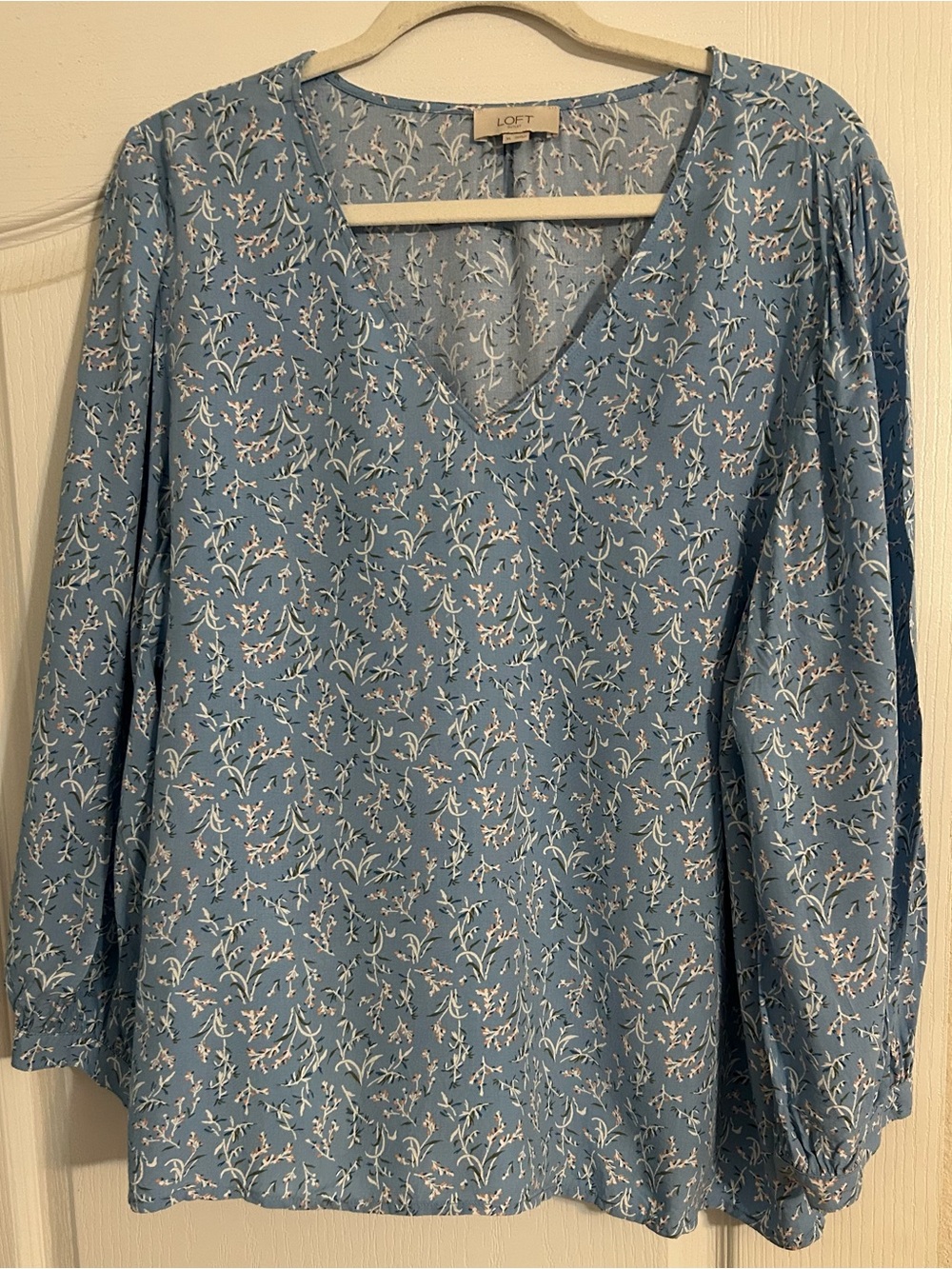 LOFT Blue V-Neck Floral Peasant Blouse